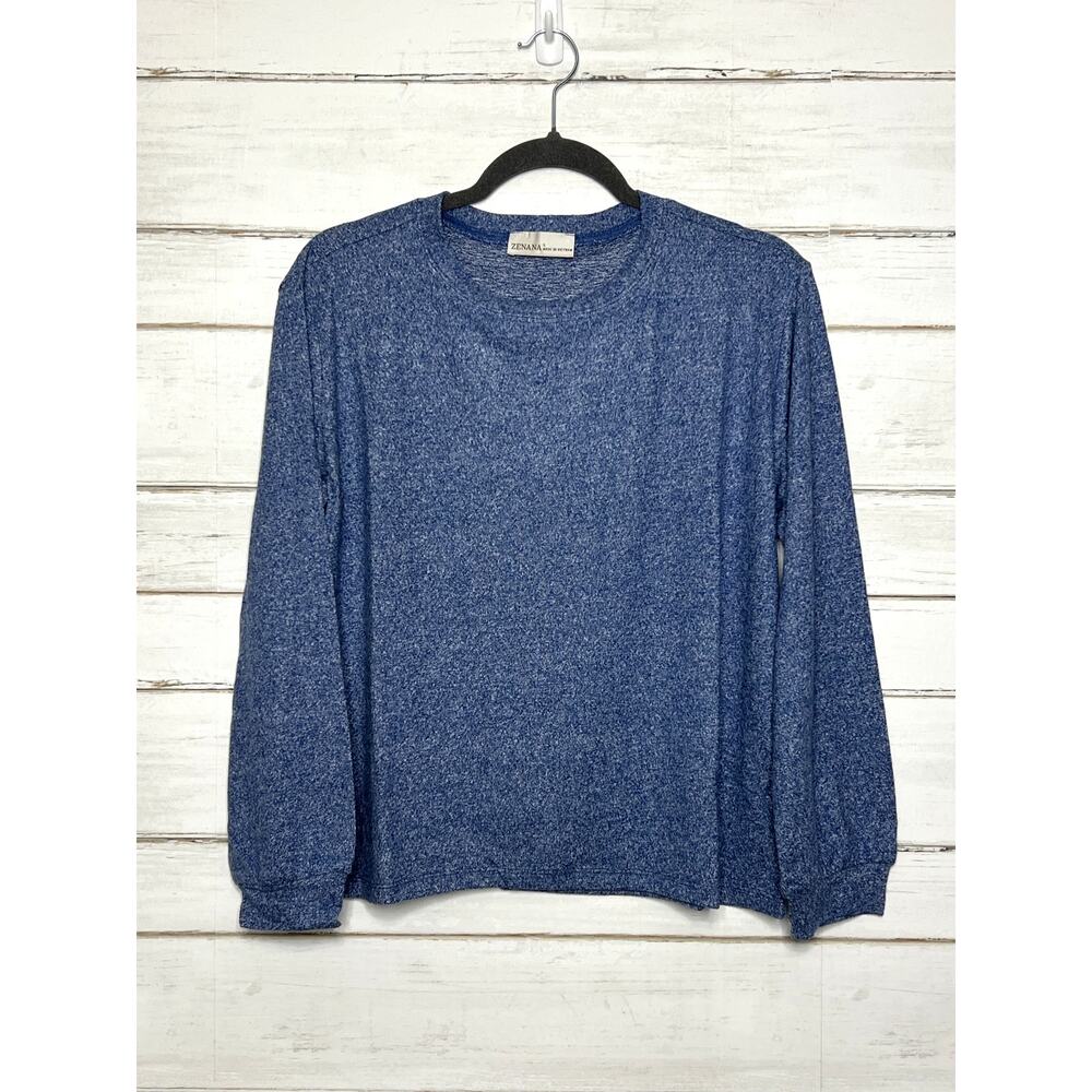 Zenana Small Heather Blue Long Sleeve Top Soft Stretch Lightweight Crew Neck
